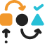 Icon with geometric shapes and arrows.