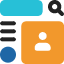Icon of a magnifying glass and user profile, representing search or user management.