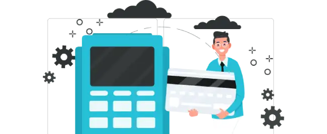 Illustration of a person in blue holding a large credit card next to an oversized calculator, with gears and cloud icons in the background.