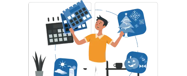 Man is holding a calendar featuring various icons, symbolizing important dates and events.