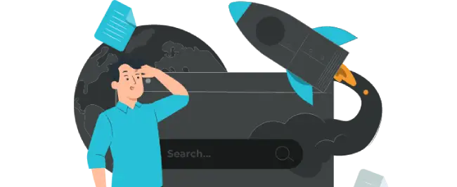 Person with a search bar, rocket, and globe in the background.