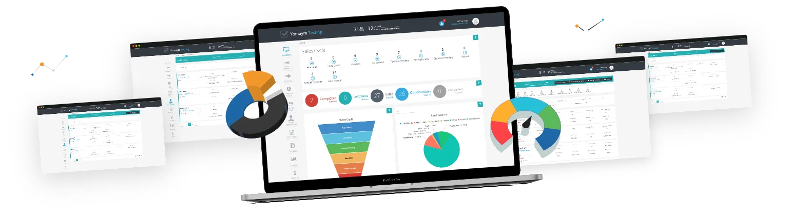 Screenshots of a business management dashboard displayed on multiple devices.