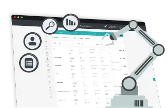 Automated interface with robotic arm controlling data entries on monitor.