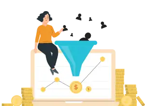 Woman sitting on chart with upward trend and money icons.
