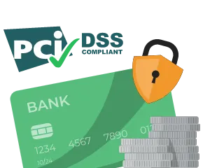 Bank card, coins, and PCI DSS security shield.