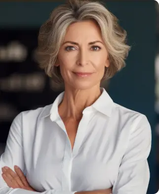 Confident woman with short gray hair wearing a white shirt.