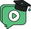 Education icon with a play button and a graduation cap.