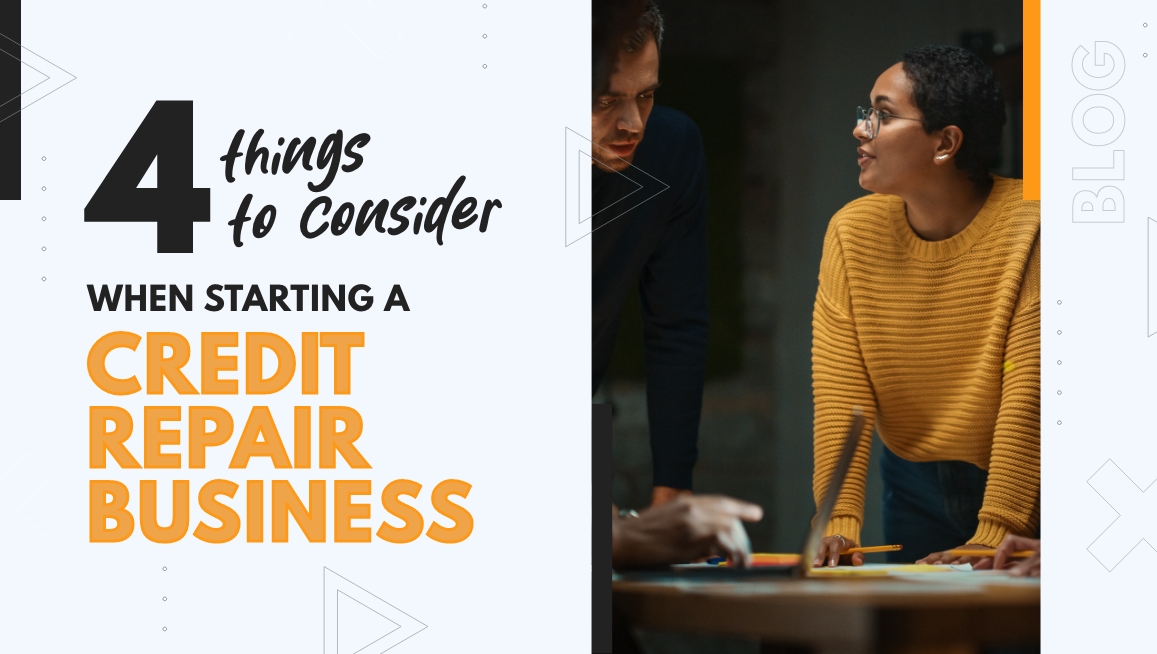 Woman in yellow sweater discussing at a table with the text “4 things to consider when starting a credit repair business.”